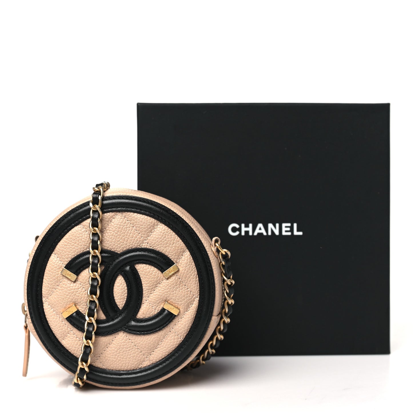 Caviar Quilted Round Filigree Crossbody Beige Black