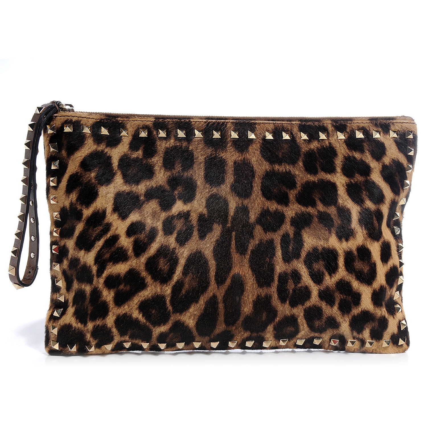 Valentino Garavani Calf Hair Leopard Print Rockstud Zip Wristlet Pouch Leopard 1 of 8