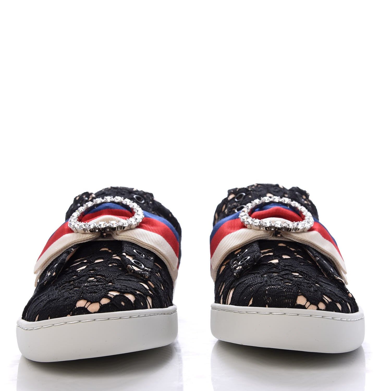 Gucci Lace Crystal Sylvie Web Flower Leaf Womens Ace Sneakers 39 Black Tan Beige 2 of 10