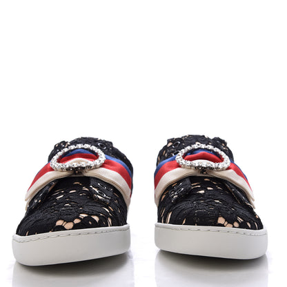 Gucci Lace Crystal Sylvie Web Flower Leaf Womens Ace Sneakers 39 Black Tan Beige 2 of 10
