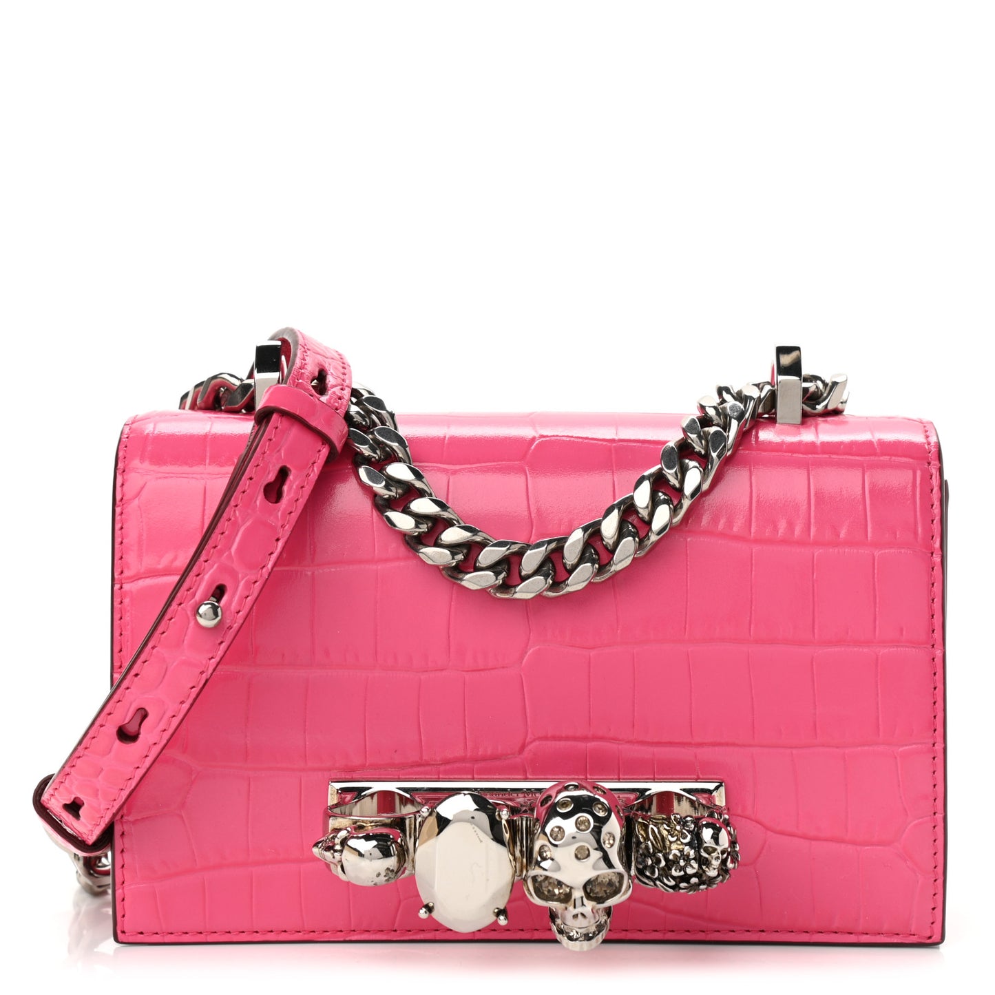 Shiny Crocodile Embossed Jeweled Satchel Peony Pink