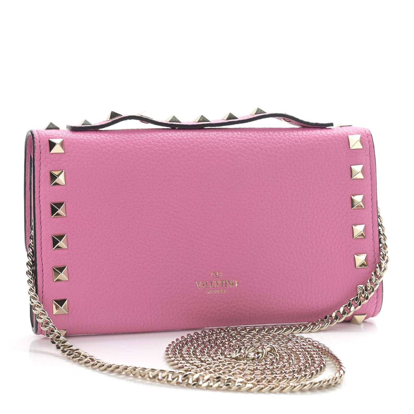 Pebbled Calfskin Rockstud Flip Lock Wallet On Chain Dawn Pink