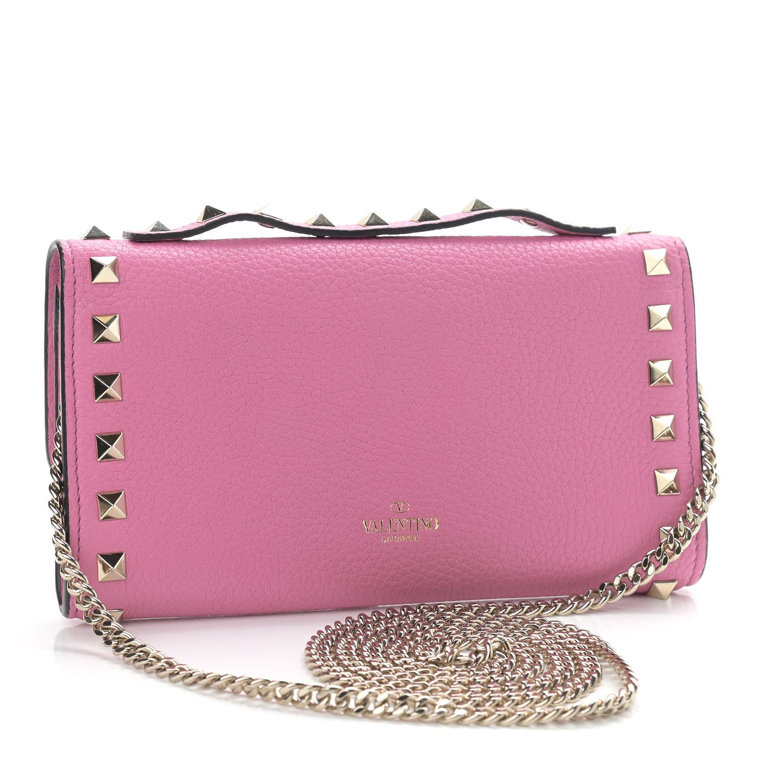 Valentino Garavani Pebbled Calfskin Rockstud Flip Lock Wallet On Chain Dawn Pink 2 of 9