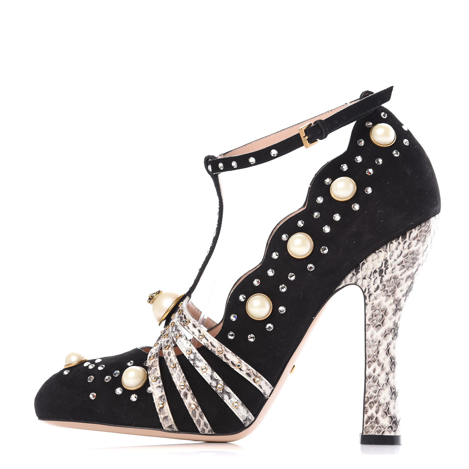 Gucci Suede Snakeskin Pearl Studded Ofelia Pumps 40.5 Black 1 of 9