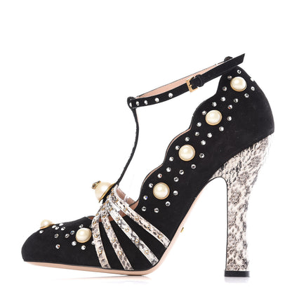 Gucci Suede Snakeskin Pearl Studded Ofelia Pumps 40.5 Black 1 of 9