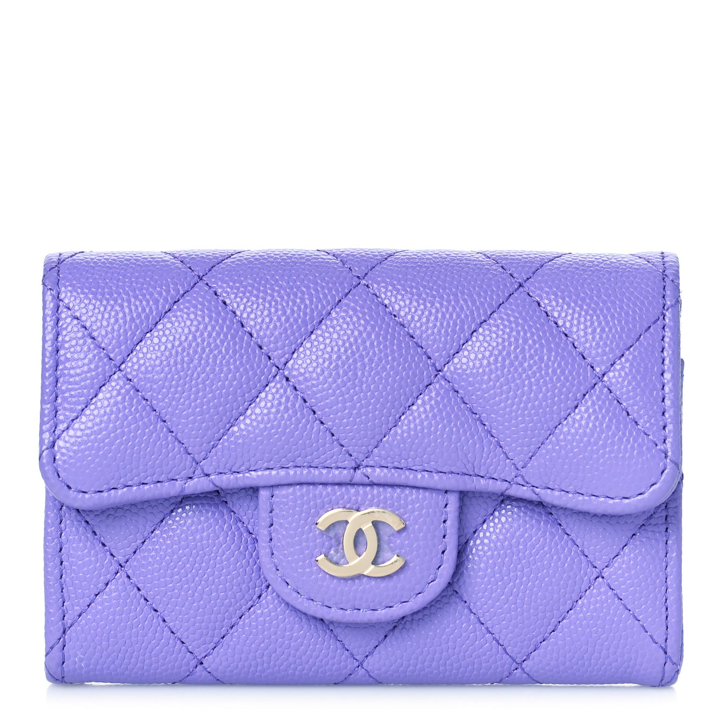 Caviar Quilted Flap Card Holder Wallet Purple