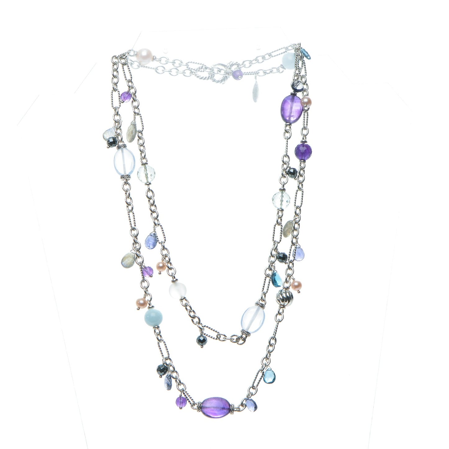 Sterling Silver Pearl Amethyst Chalcedony 15mm Figaro Chain Necklace