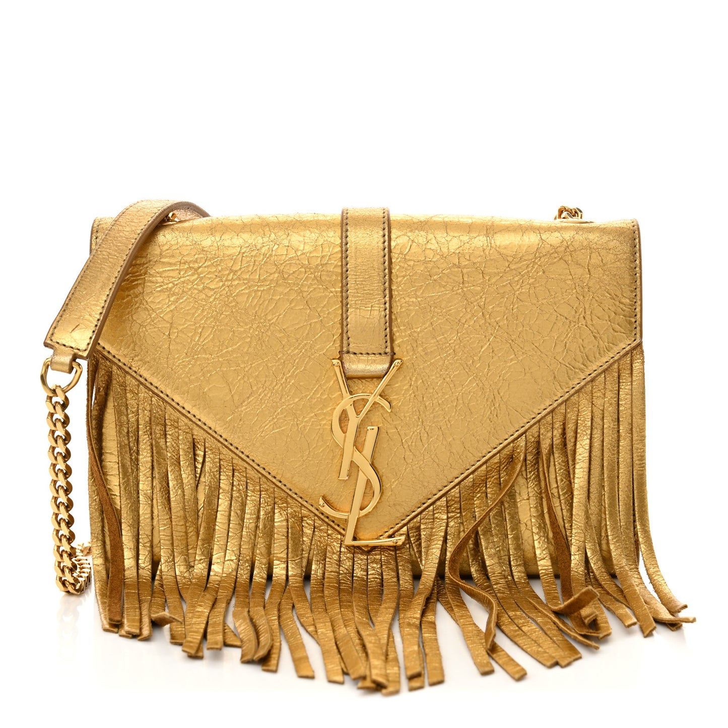 Metallic Calfskin Fringe Small Monogram Satchel Gold