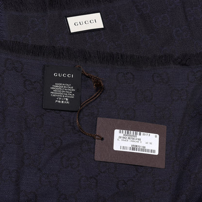 Gucci Wool Silk Monogram GGWeb Fringe Shawl Navy Black 3 of 3