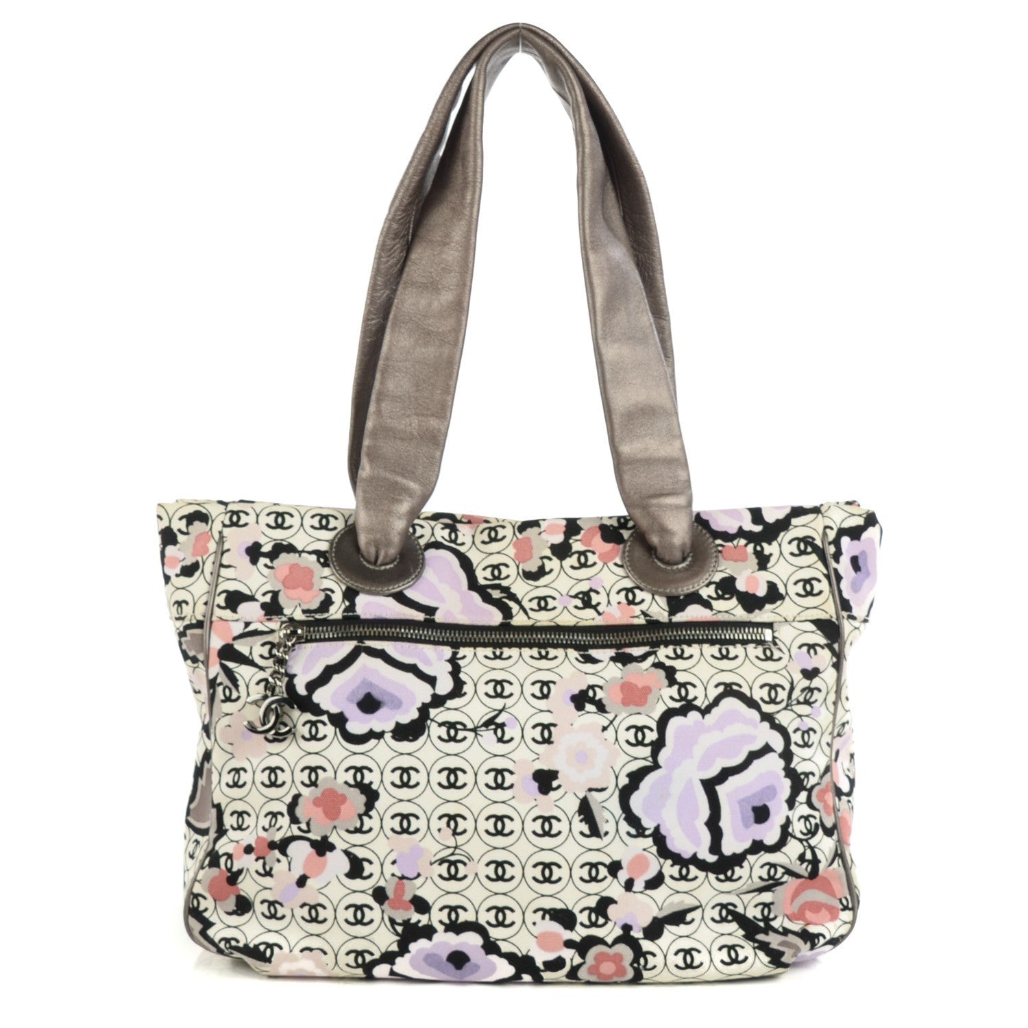 Chanel Metallic Calfskin Canvas CC Camellia Tote Pink White 1 of 7