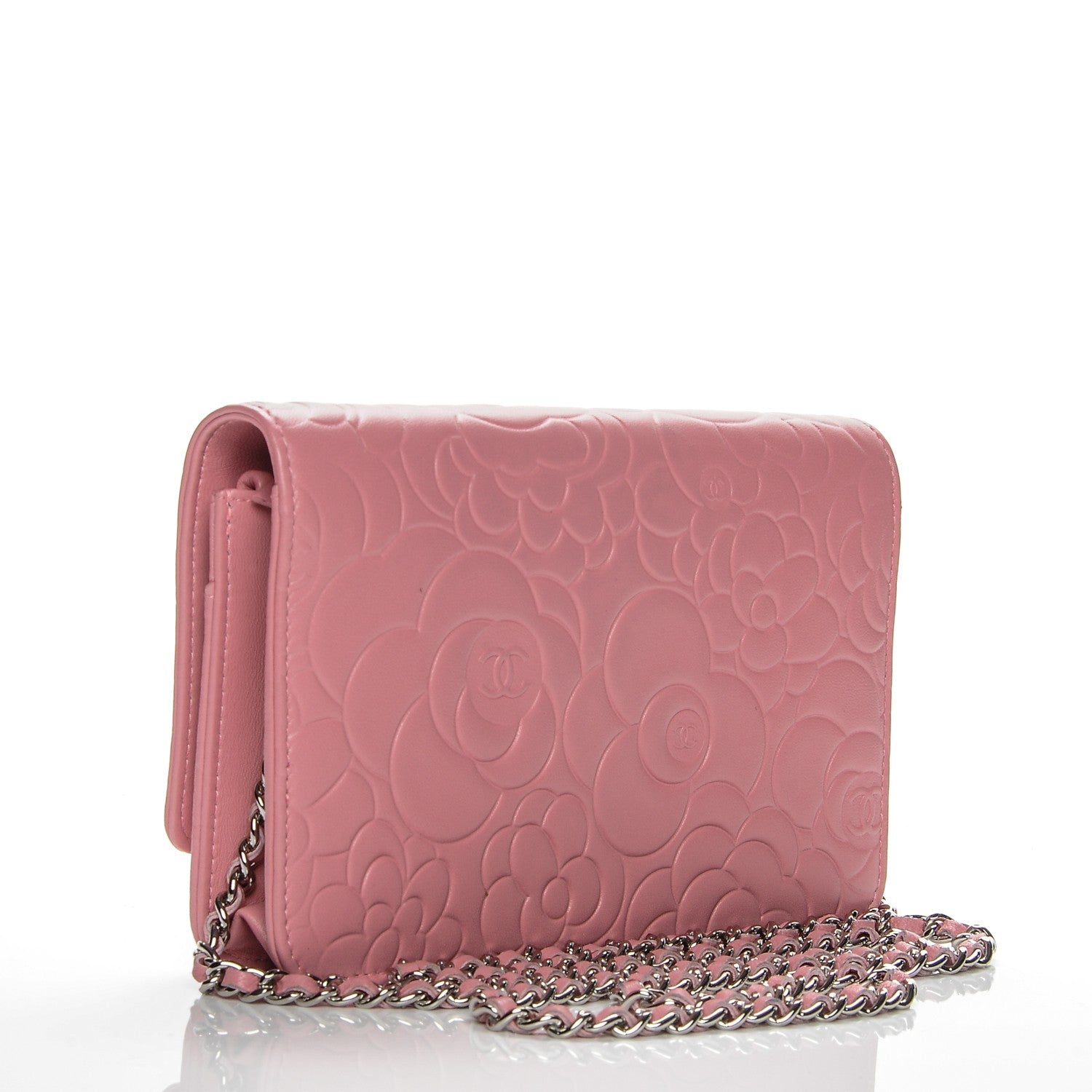 Chanel Lambskin Camellia Embossed Wallet On Chain WOC Pink 3 of 8
