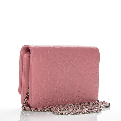 Chanel Lambskin Camellia Embossed Wallet On Chain WOC Pink 3 of 8
