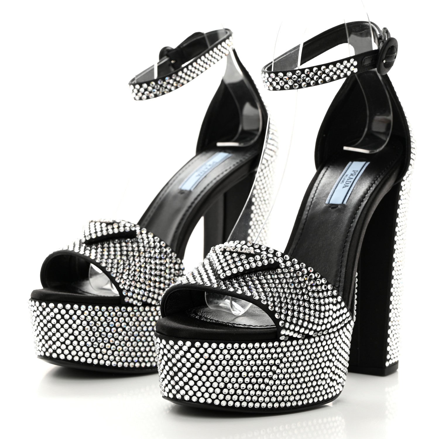 Prada Satin Crystal Triangle Logo 40/135mm Platform Sandals 38 Cristal 3 of 8
