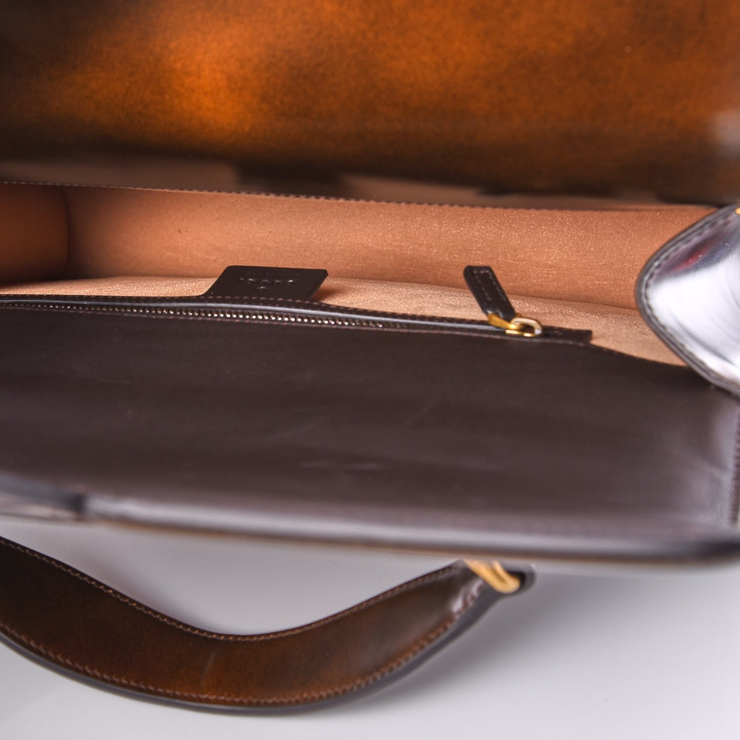 Shiny Calfskin Web Crystal Medium Top Handle Bag Brown