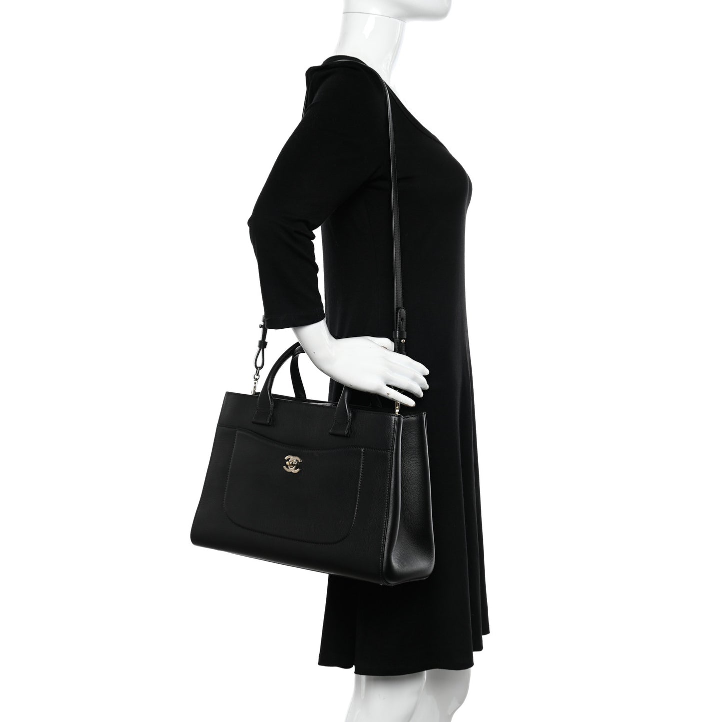 Grained Calfskin Small Neo Executive Shopper Tote Black