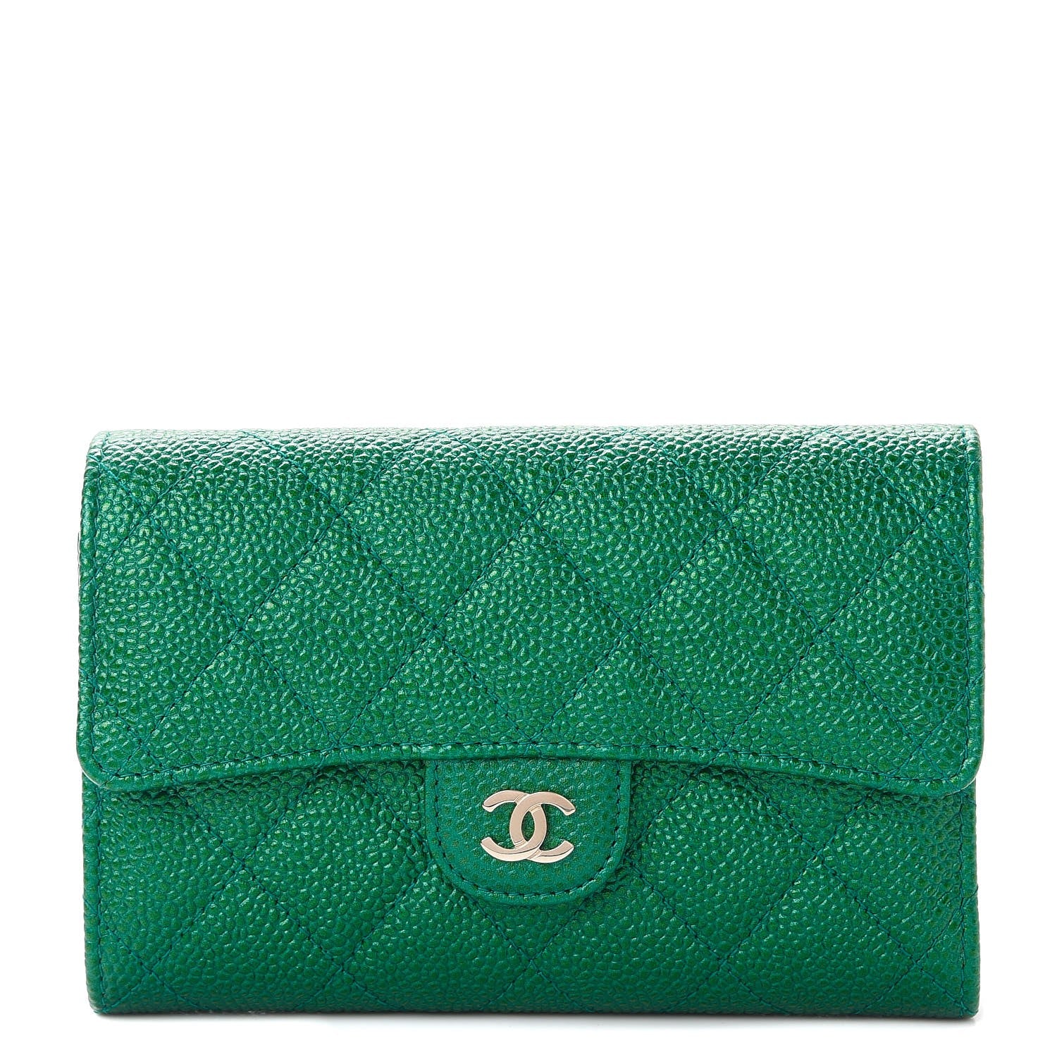 Chanel Metallic Caviar Quilted Medium Flap Wallet Green 1 of 9