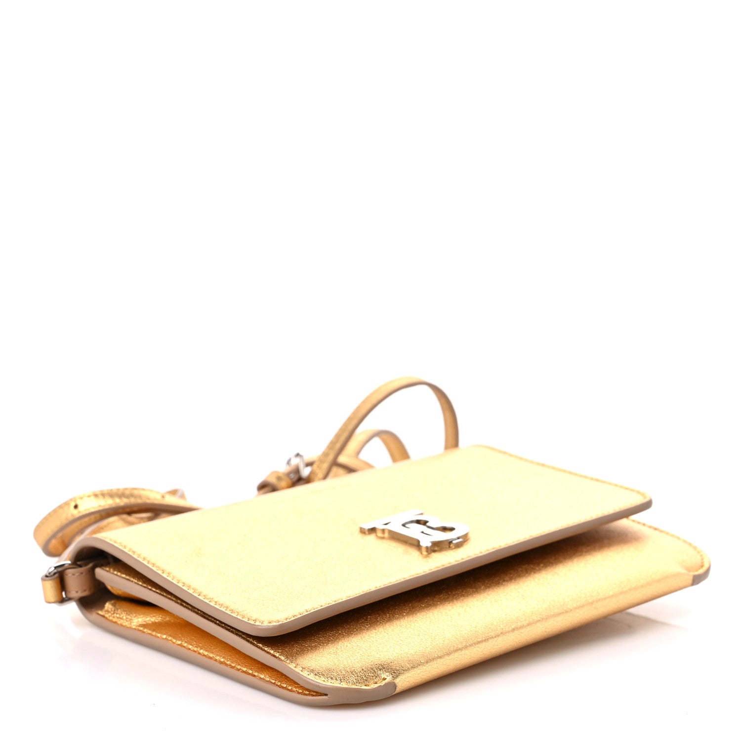 Burberry Metallic Calfskin Monogram TB Flat Crossbody Bag Gold 4 of 10