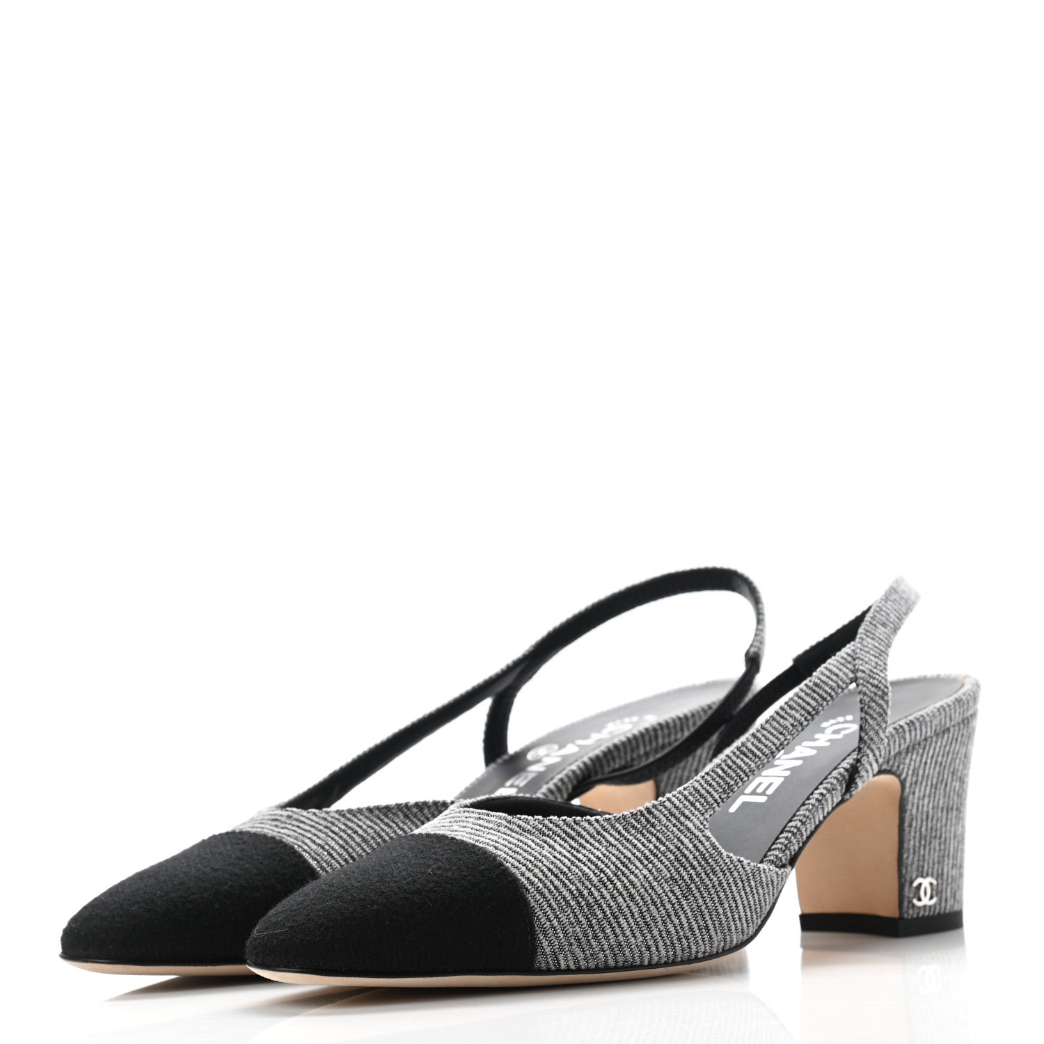 Chanel Tweed Cap Toe CC Slingback Pumps 39 Black Grey 3 of 9