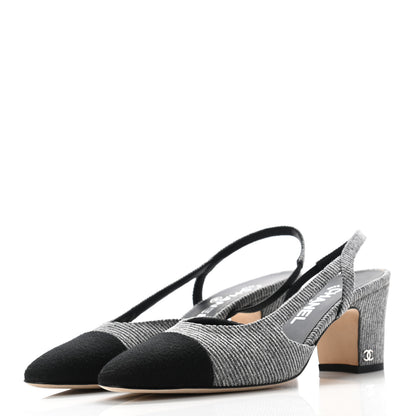 Chanel Tweed Cap Toe CC Slingback Pumps 39 Black Grey 3 of 9