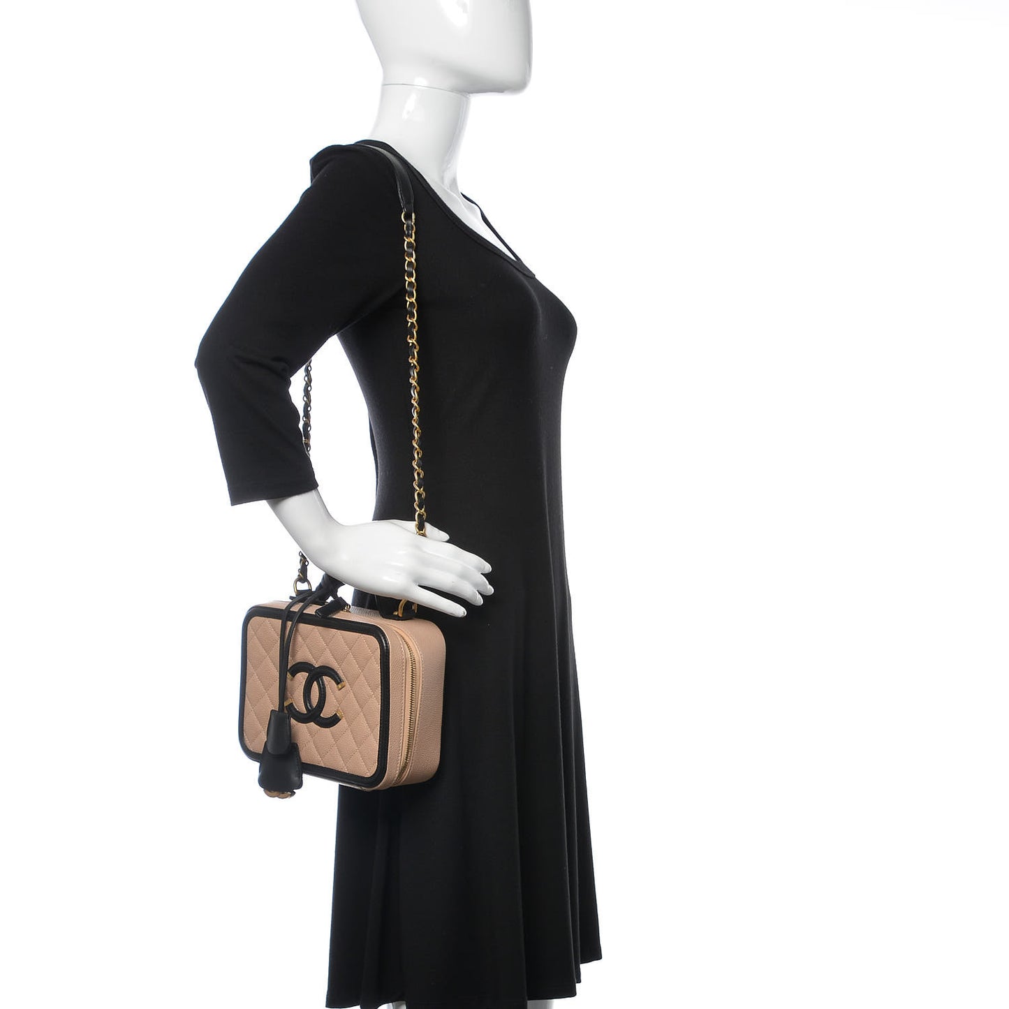Caviar Quilted Medium CC Filigree Vanity Case Beige Black