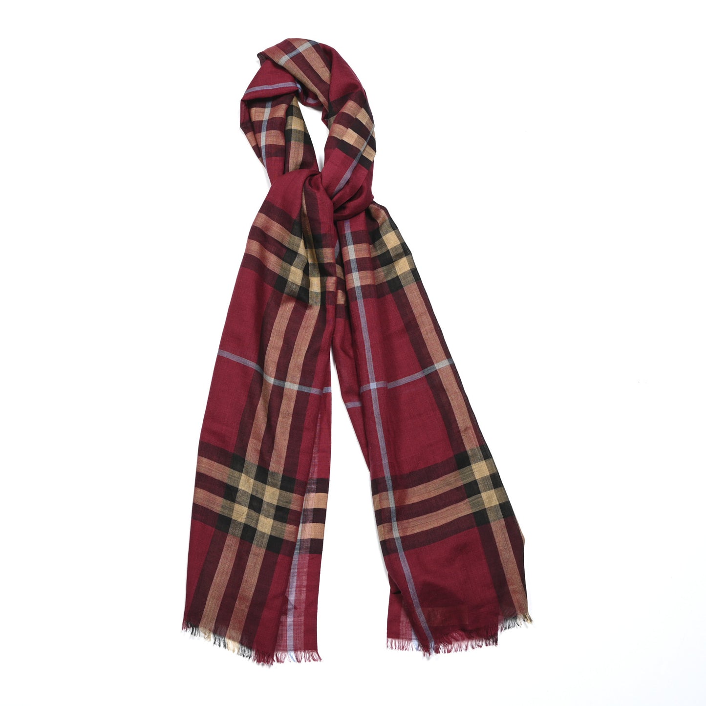 Wool Silk Gauze Giant Check Lightweight Scarf Damson Pink