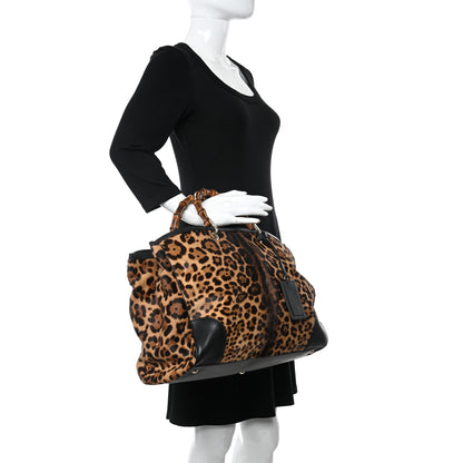 Gucci Calf Hair Leopard Print Large Bamboo Shopper Tote Black 2 of 13