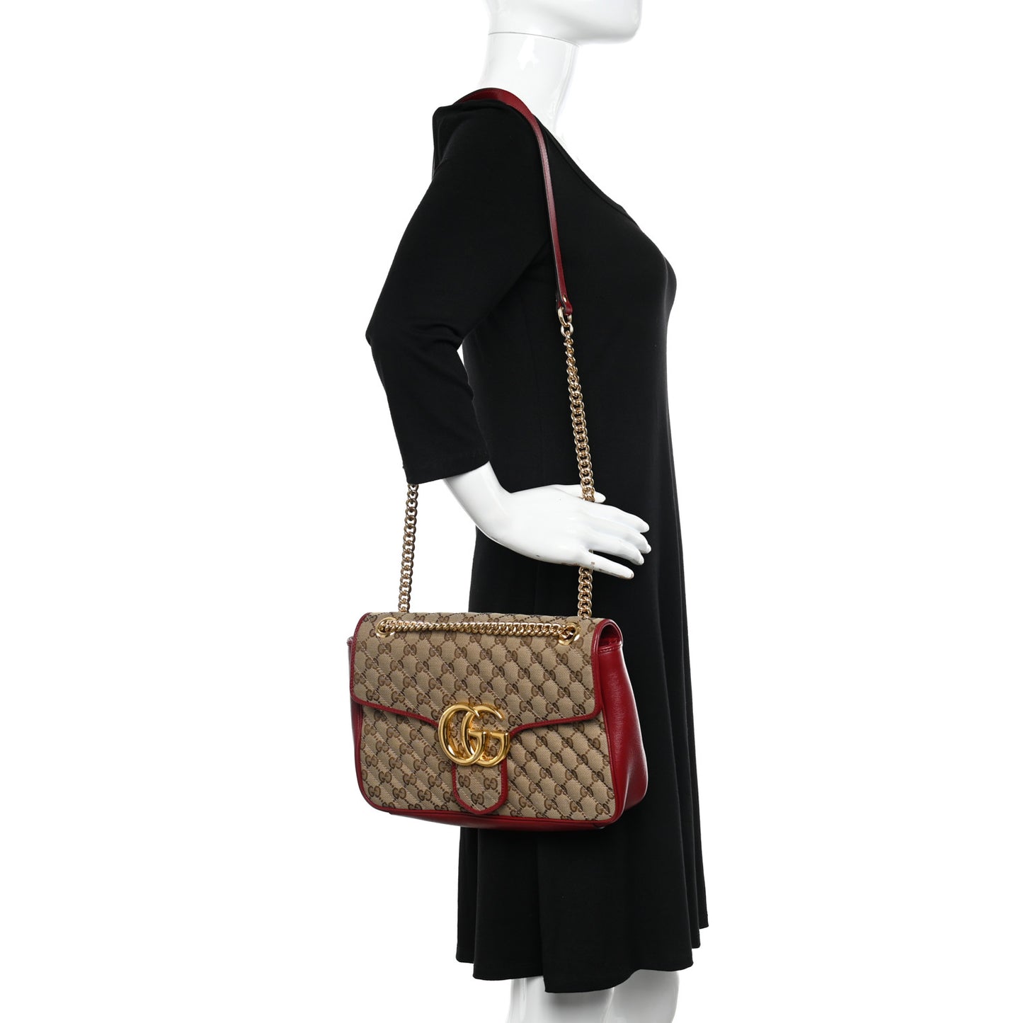 Monogram Azalea Calfskin Matelasse Diagonal Medium GG Marmont Shoulder Bag Beige Ebony New Cherry Red
