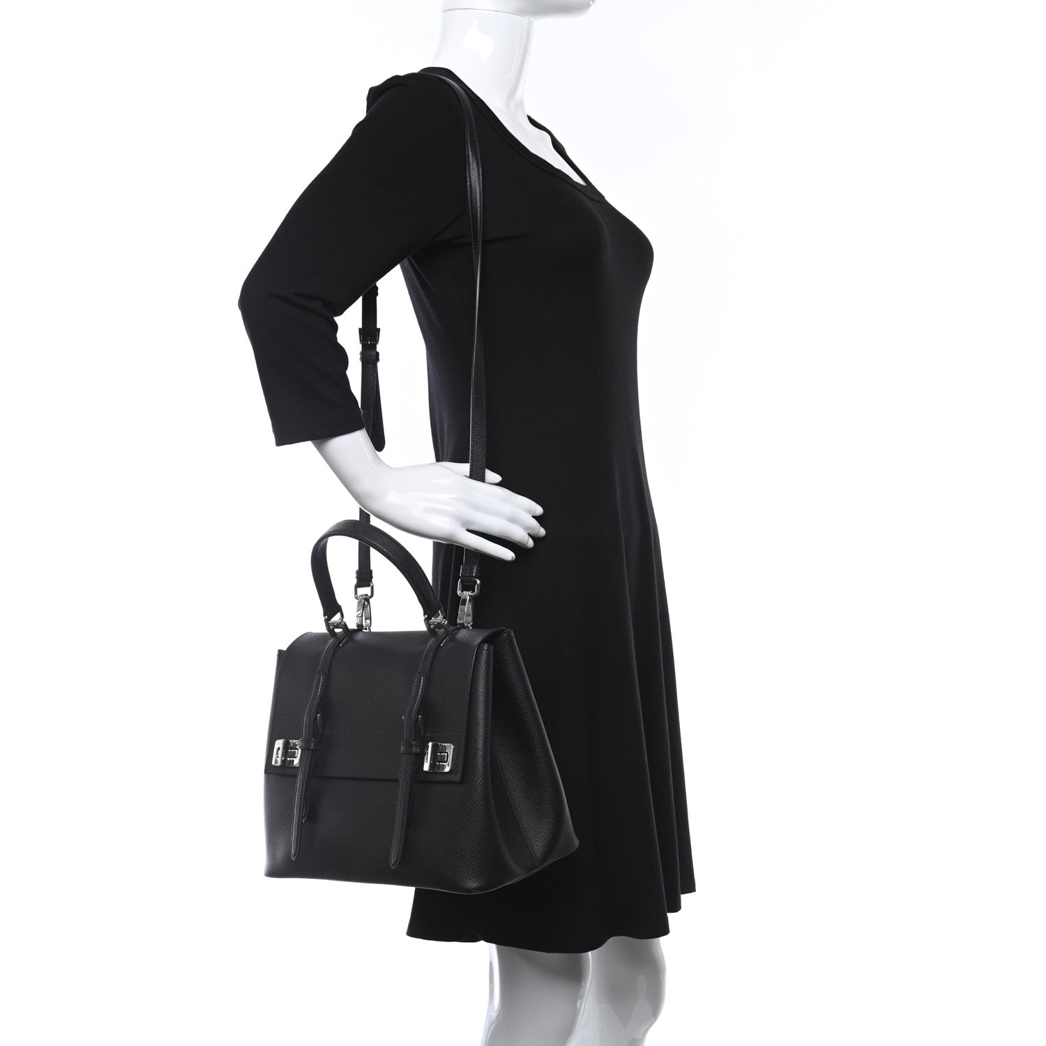 Prada Saffiano Cuir Convertible Top Handle Tote Black 2 of 9