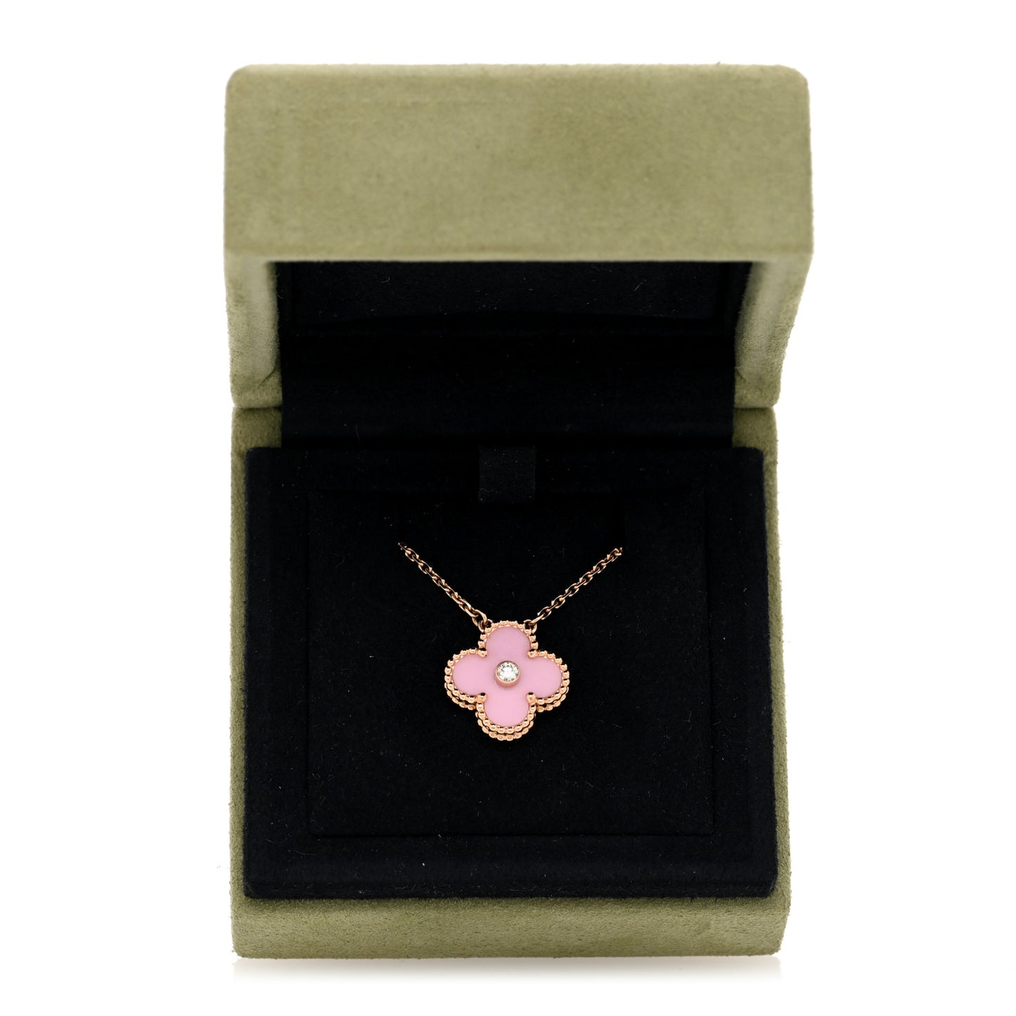 18K Rose Gold Diamond Pink Porcelain Vintage Alhambra Pendant Necklace