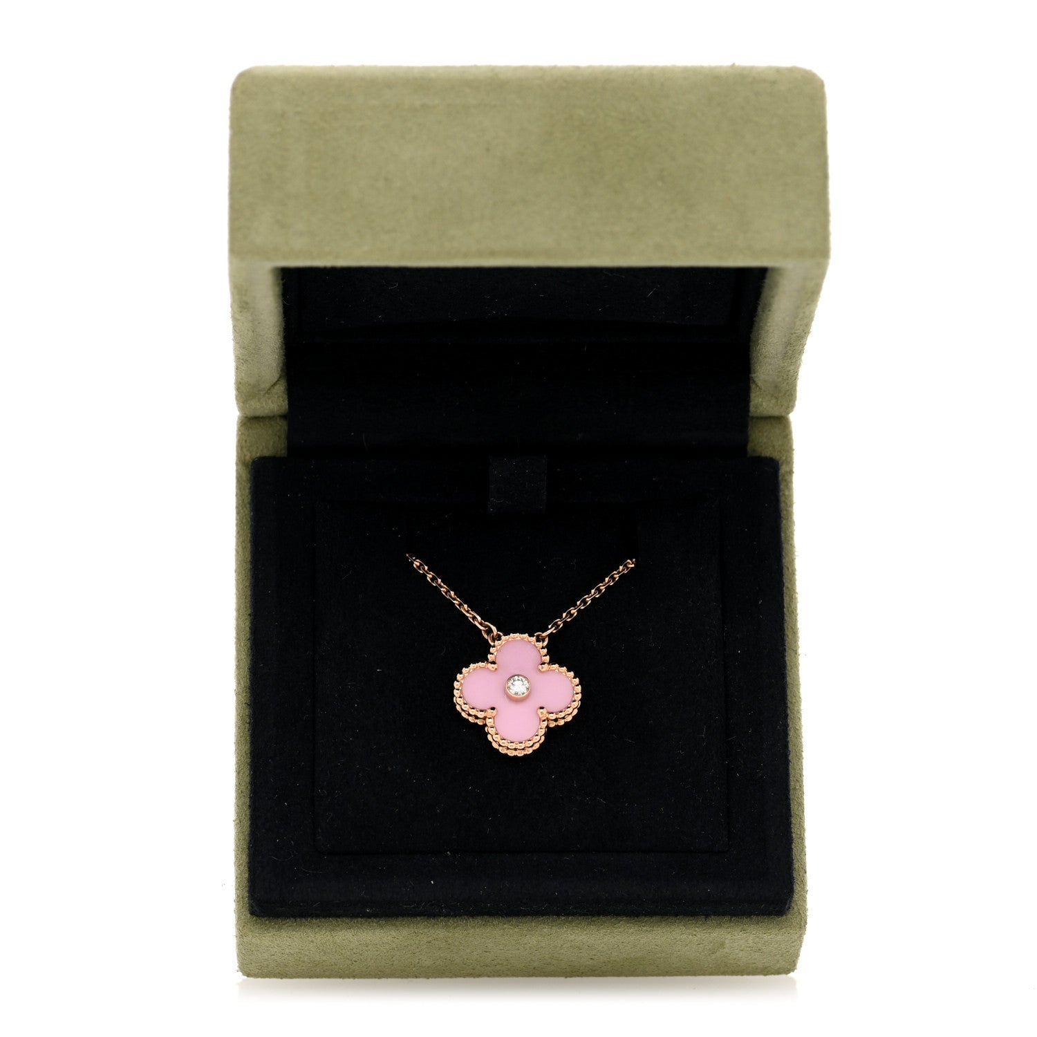 Van Cleef & Arpels 18K Rose Gold Diamond Pink Porcelain Vintage Alhambra Pendant Necklace 5 of 5