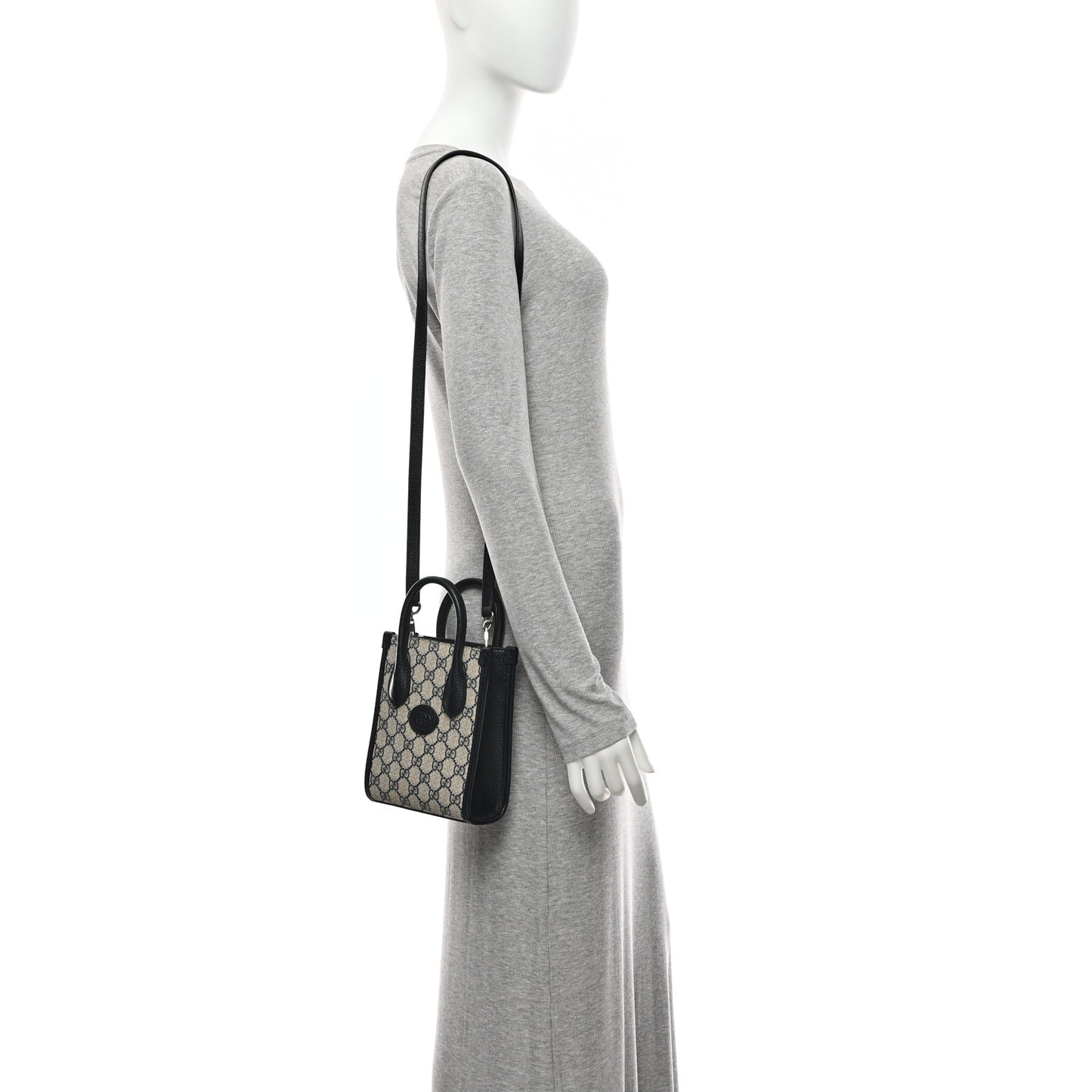 GG Supreme Monogram Textured Dollar Calfskin Mini Retro Interlocking G Tote Bag Beige Blue