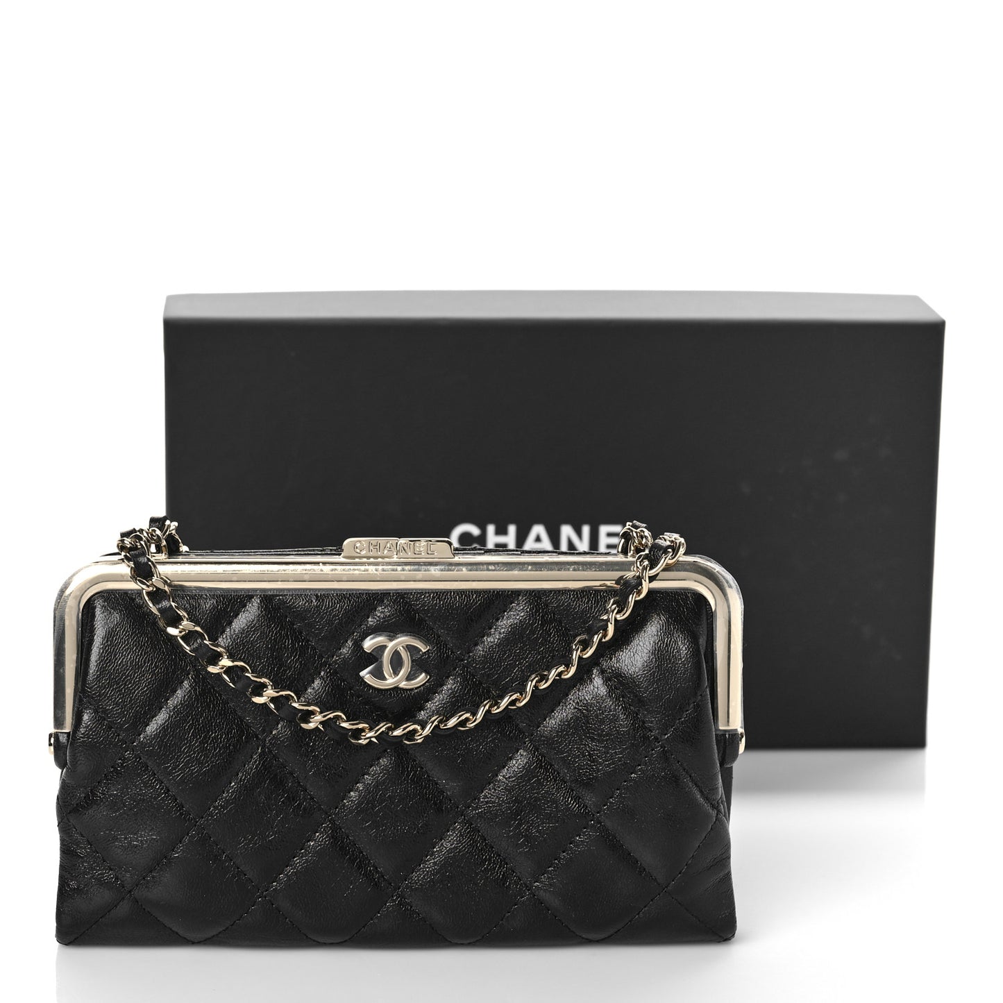 Lambskin Quilted Frame Clutch With Chain Black