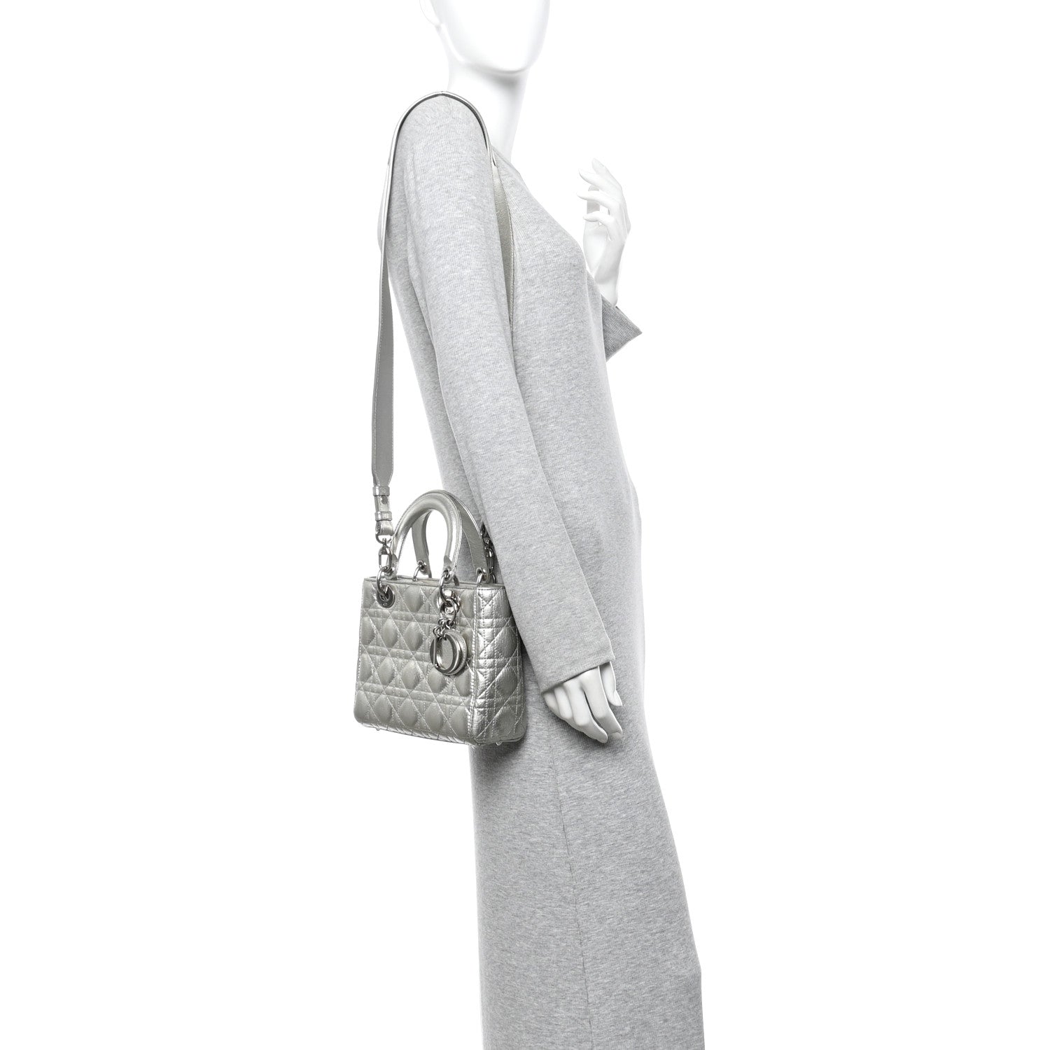 Christian Dior Metallic Grained Calfskin Cannage Small Lucky Badges My Lady Dior Silver 2 of 12