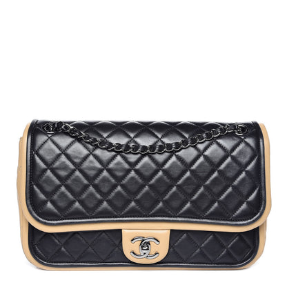 Chanel Lambskin Quilted Large Twist Two Tone Flap Bag Black Beige 1 of 14