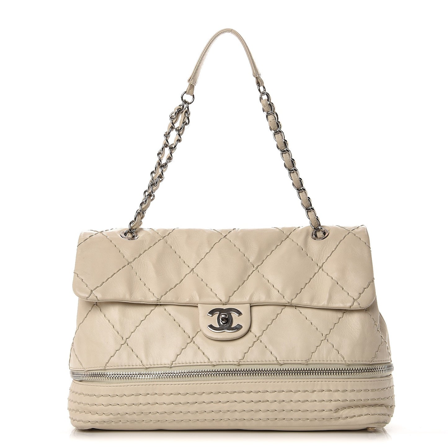 Calfskin Stitched Large Expandable Flap Bag White