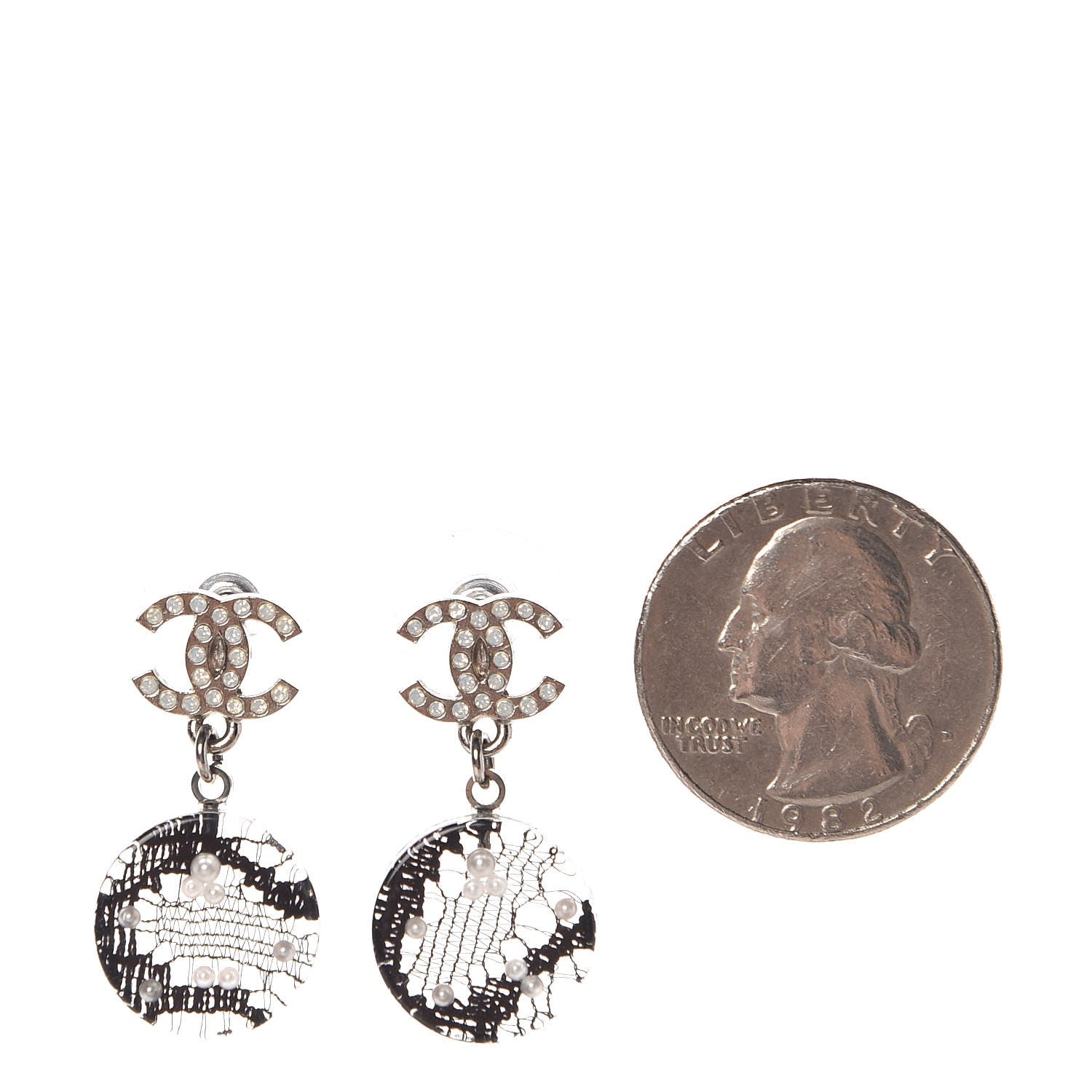 Chanel Resin Crystal Pearl Lace CC Drop Earrings Black Silver 2 of 4