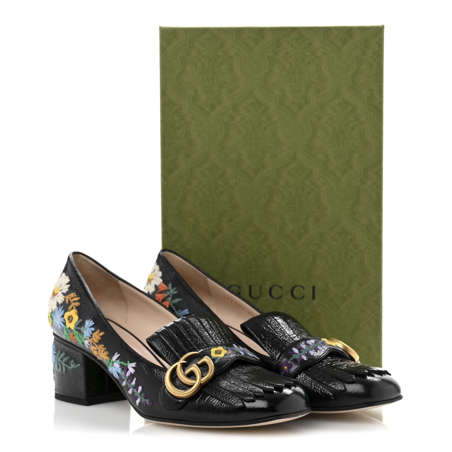 Gucci Skipper Calfskin Floral Embroidered GG Marmont Fringe 50mm Loafer Pumps 40 Black 11 of 11