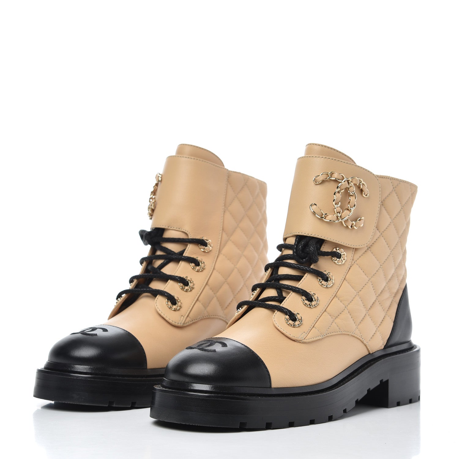 Chanel Lambskin Calfskin Quilted Lace Up Combat Boots 37 Beige Black 3 of 14