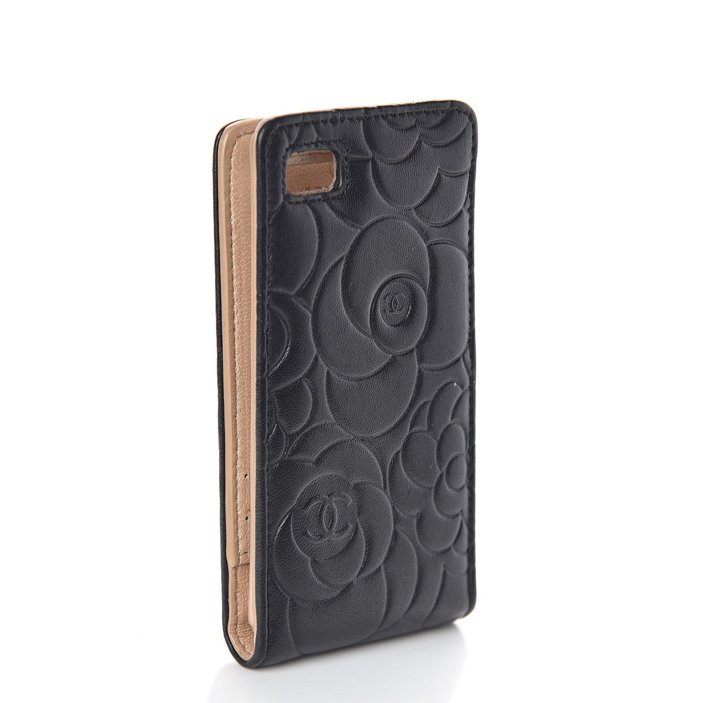 Lambskin Camellia Embossed Phone Case Black