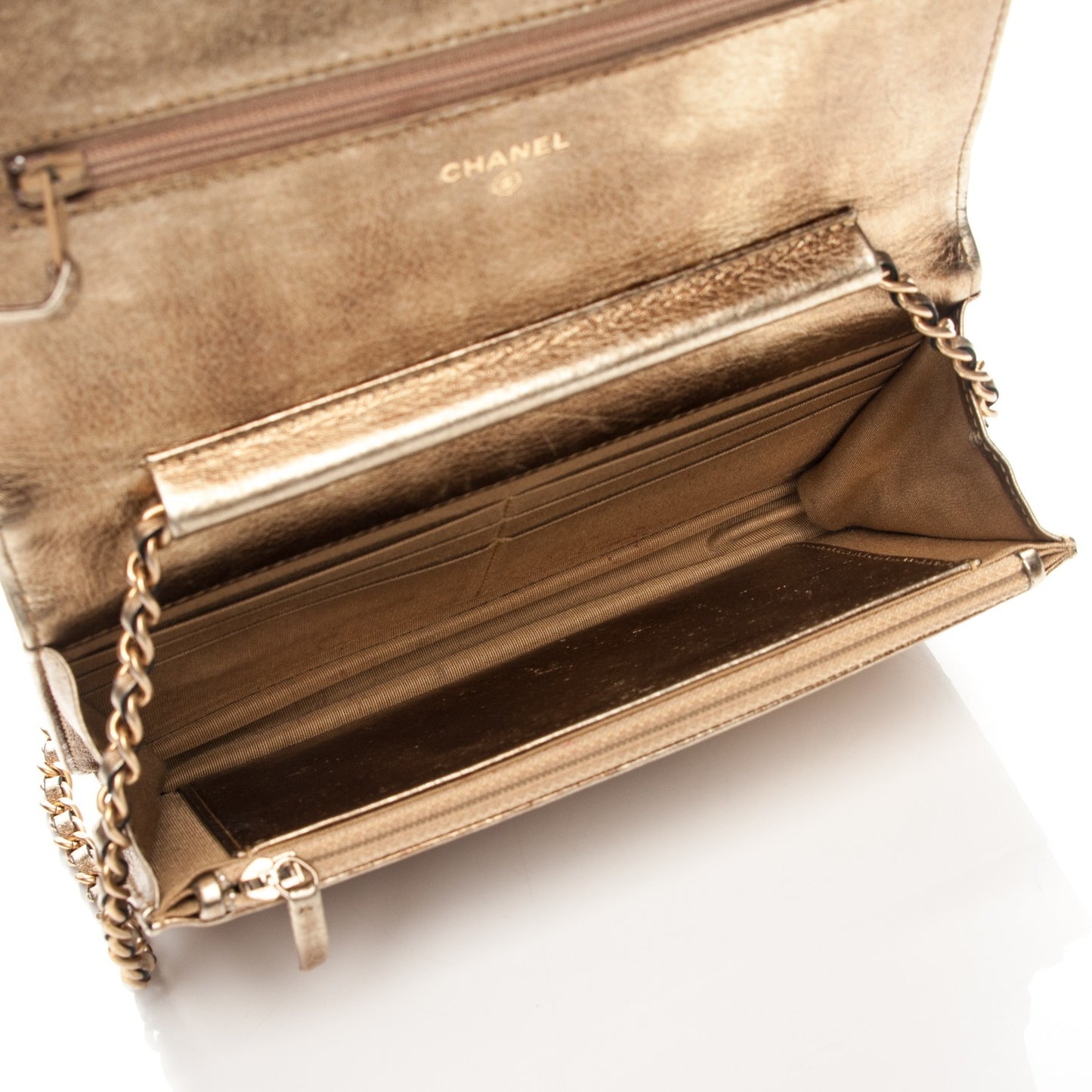 Metallic Distressed Calfskin Quilted Boy Wallet On Chain WOC Gold