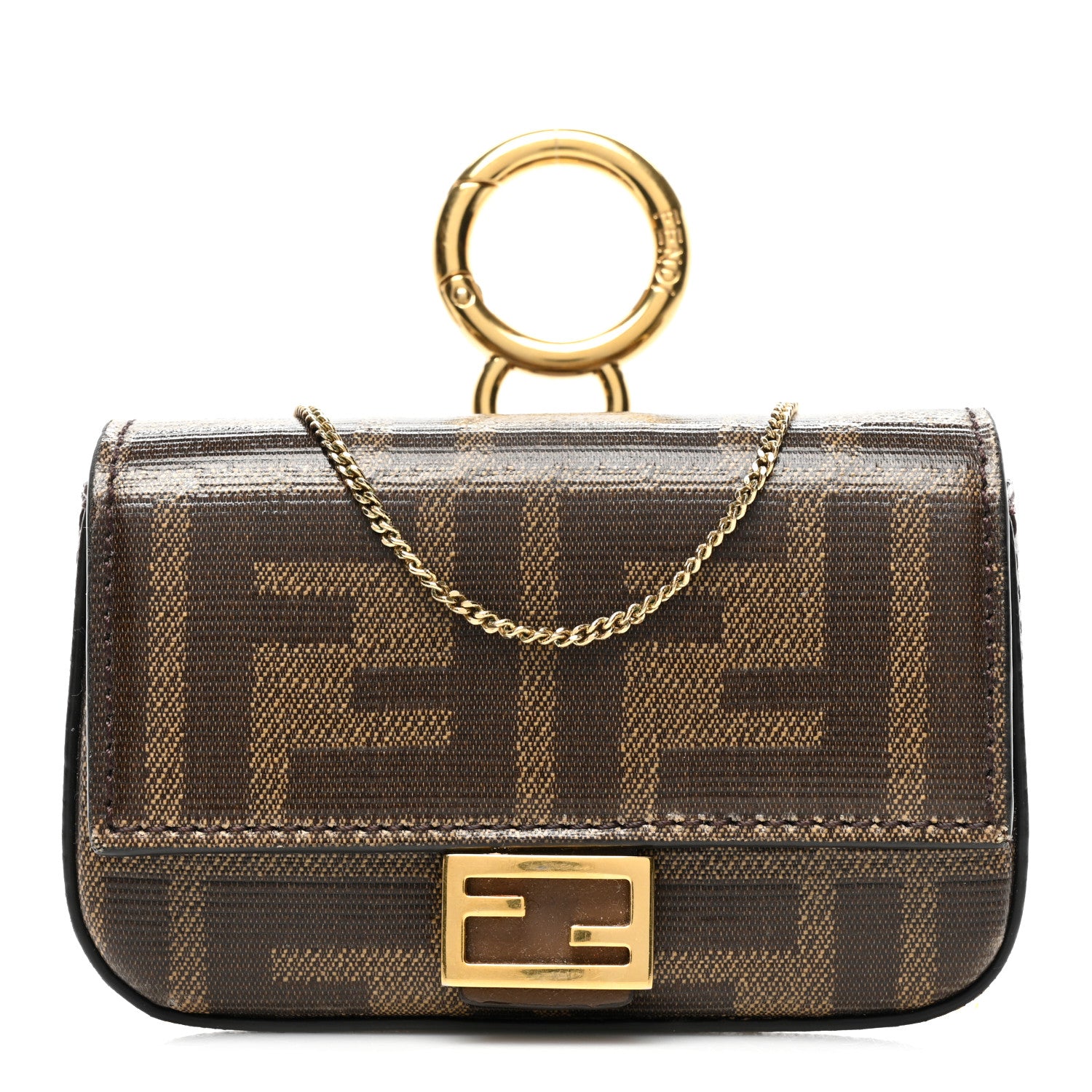 Fendi Glazed Fabric FF 1974 Nano Baguette Charm Mogano Panna 1 of 8