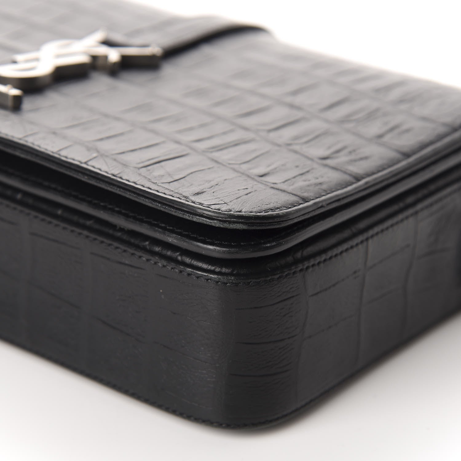 Saint Laurent Calfskin Crocodile Embossed Medium Monogram Universite Bag Black 7 of 10
