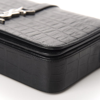 Saint Laurent Calfskin Crocodile Embossed Medium Monogram Universite Bag Black 7 of 10