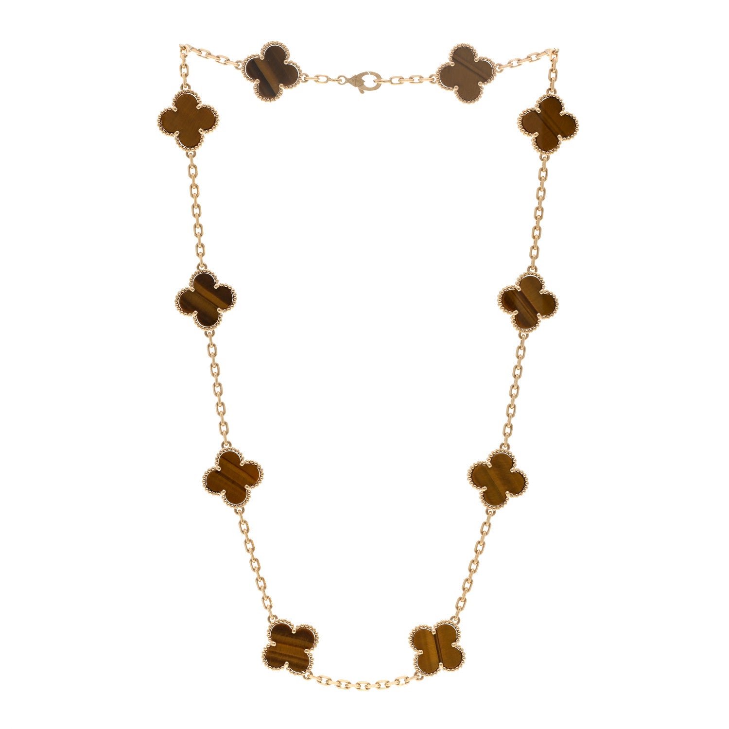 Van Cleef & Arpels 18K Yellow Gold Tiger Eye 10 Motifs Vintage Alhambra Necklace 3 of 5