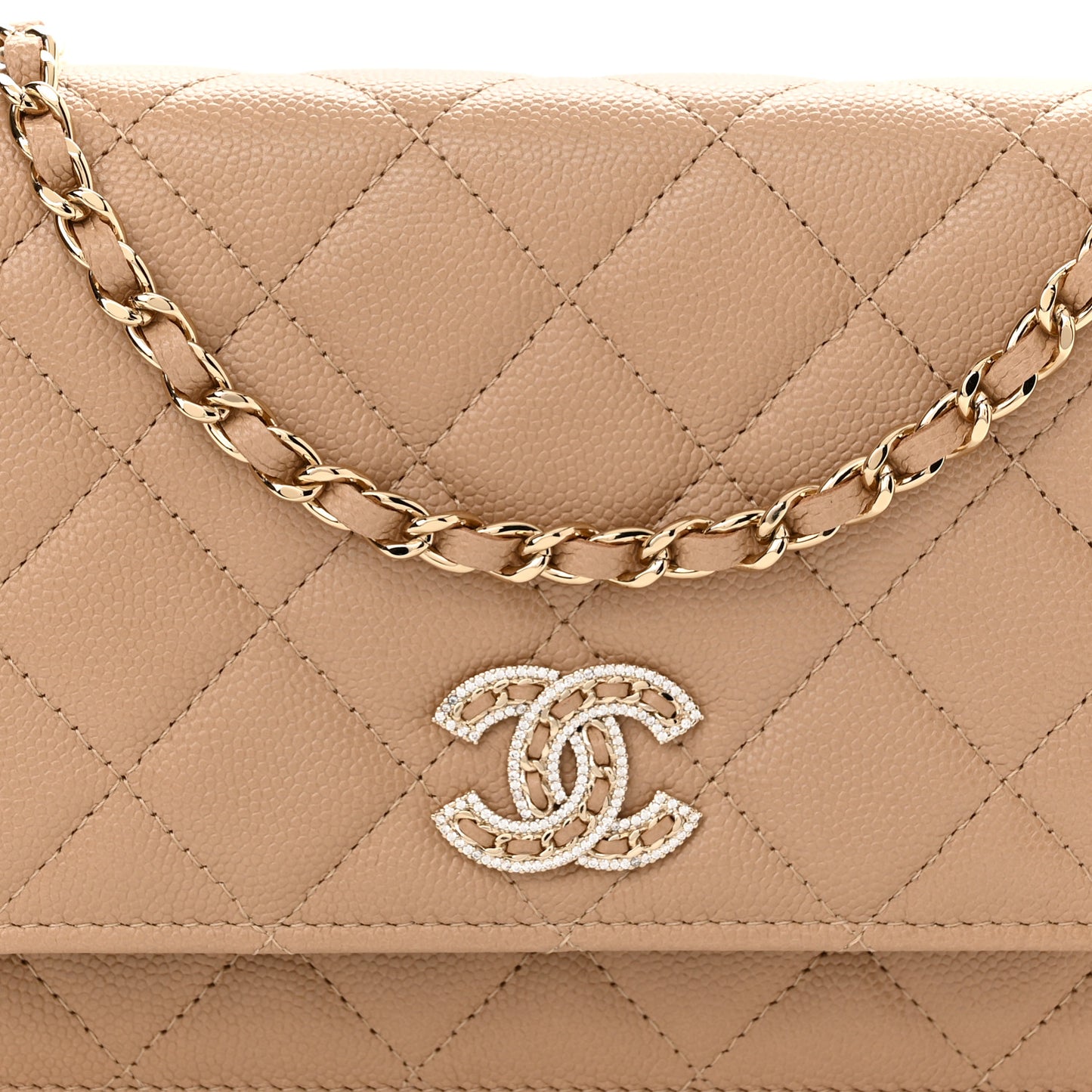 Caviar Quilted Crystal CC Wallet On Chain WOC Beige