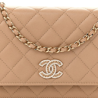 Chanel Caviar Quilted Crystal CC Wallet On Chain WOC Beige 8 of 11