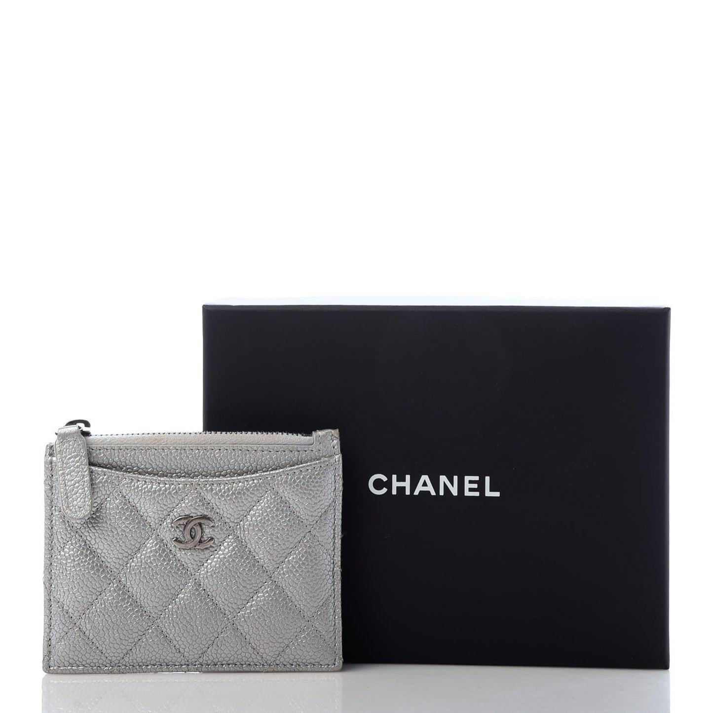 Metallic Caviar Quilted CC Zip Card Holder Silver