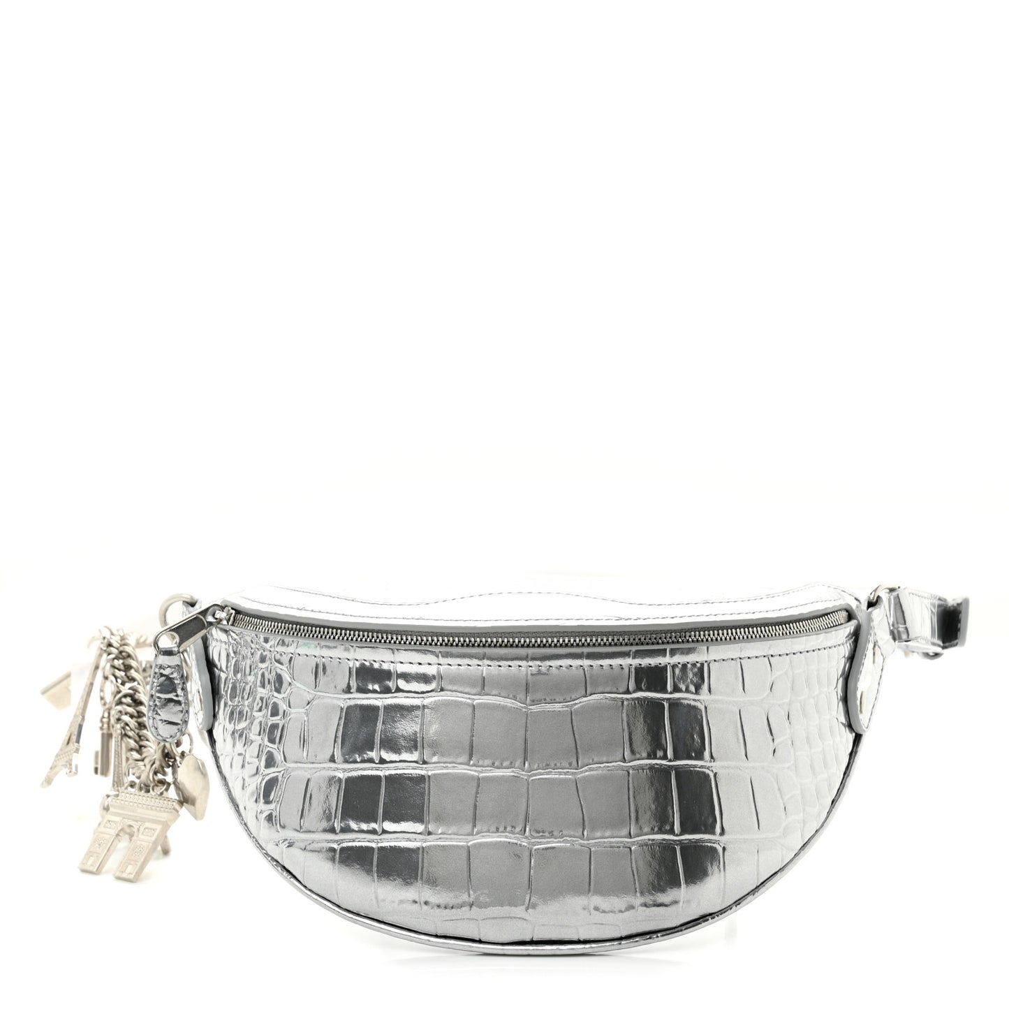 Metallic Calfskin Crocodile Embossed Quilted Souveniers Charms Belt Bag Silver