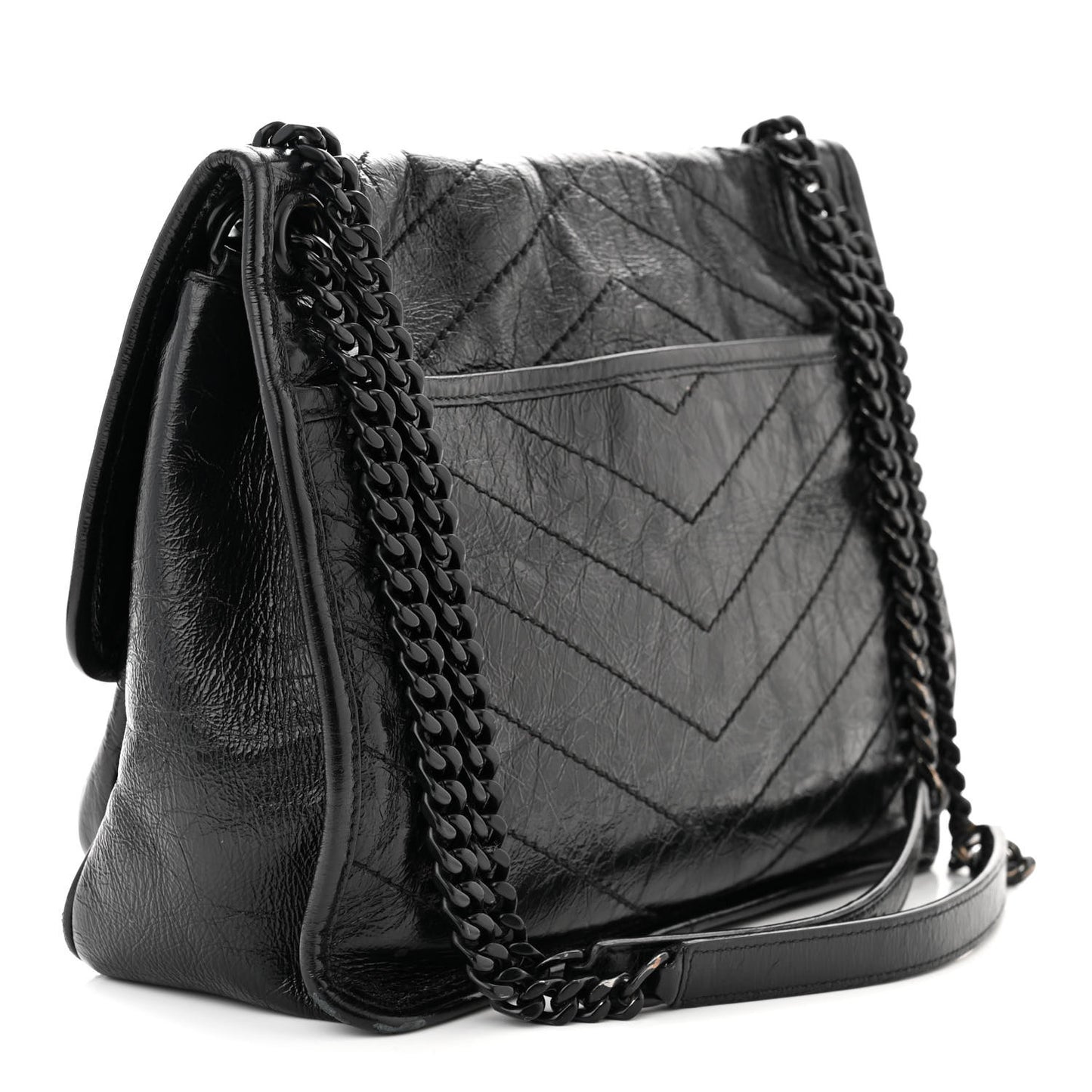 Crinkled Calfskin Matelasse Monogram Medium Niki Chain Satchel Black