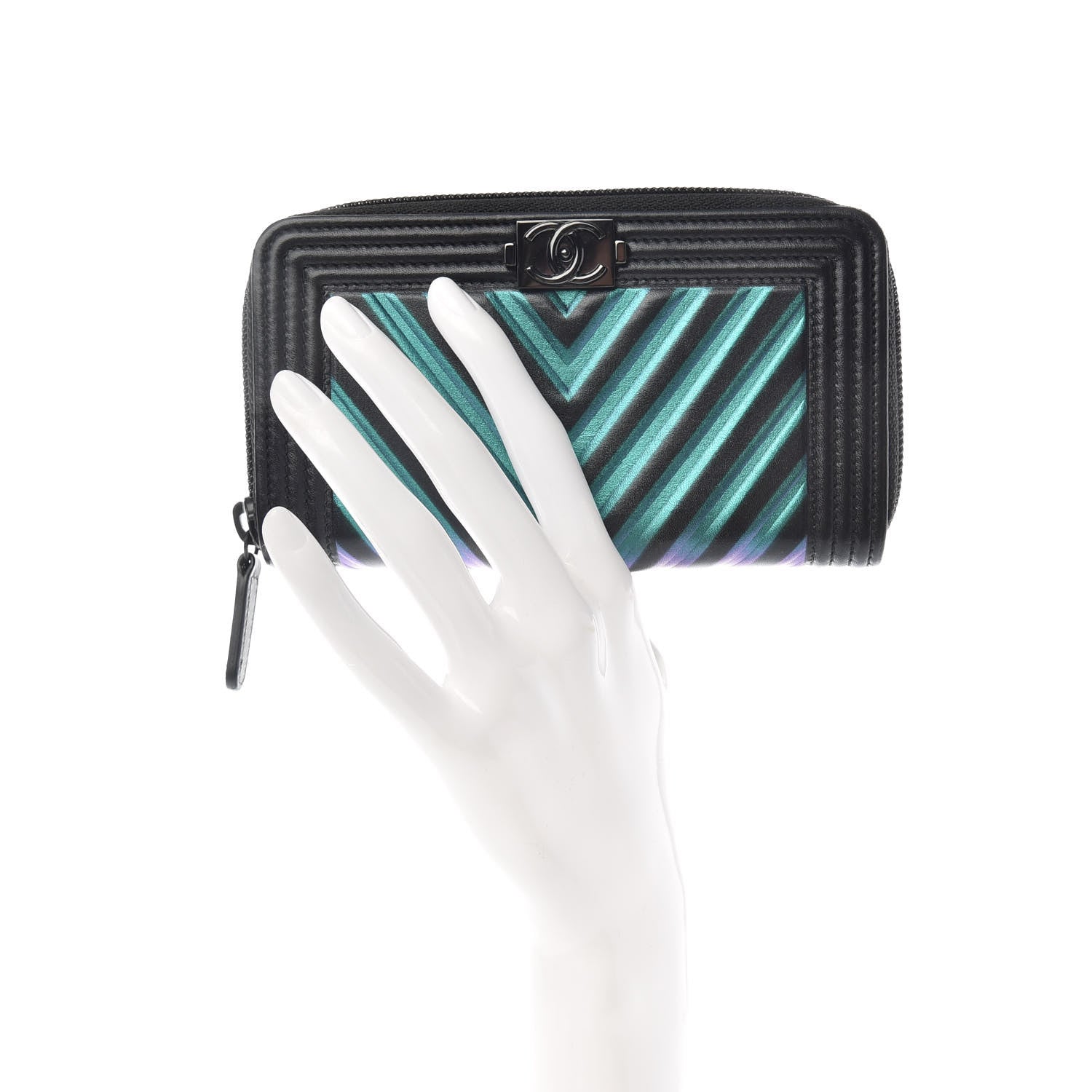 Chanel Calfskin Painted Chevron Embossed Small Boy Zip Wallet Black 2 of 8